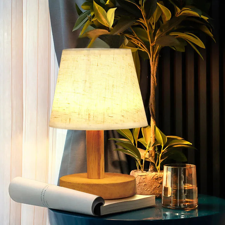 Vintage pleated table lamp with jute shade and bamboo holder showing three-colour dimming options