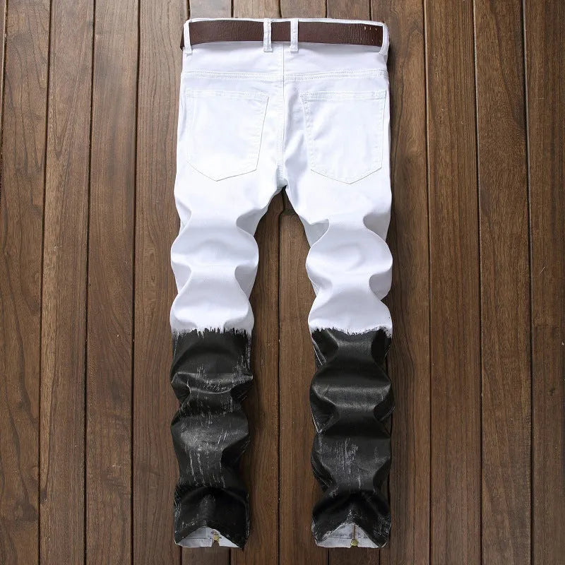 Pair of men's black basic straight jeans with worn finish, 98% cotton, side view