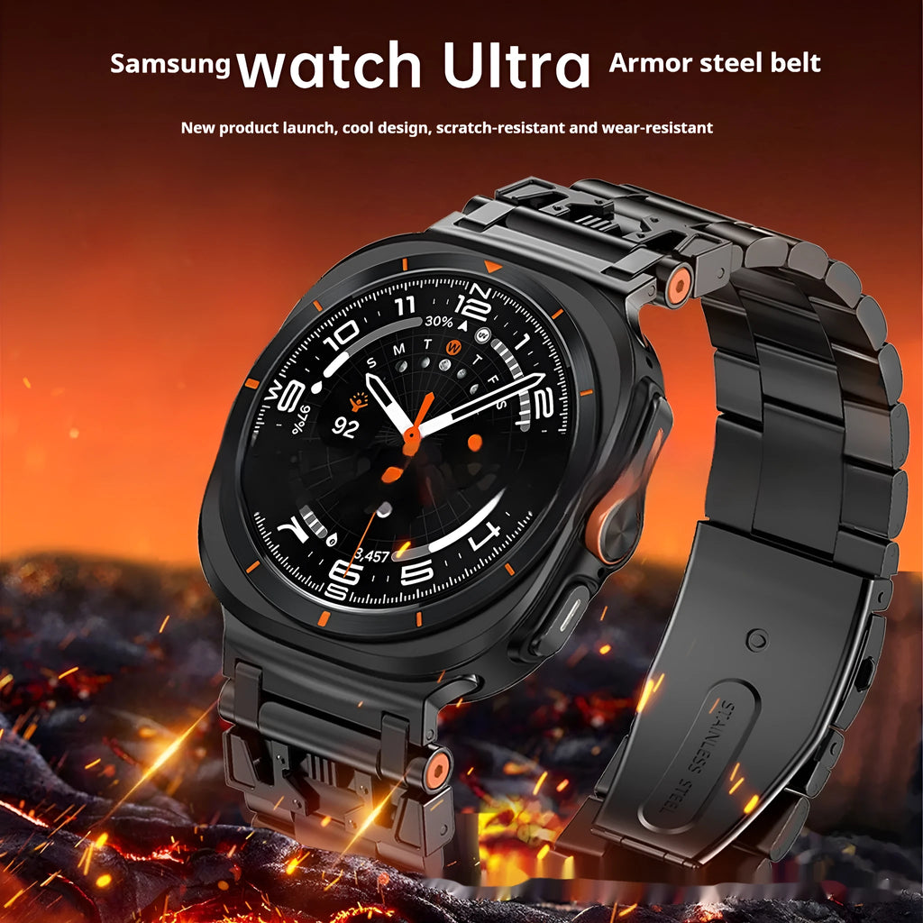 Three steel band armor metal watch strap for Samsung in Black, Silver, and Starlight colours