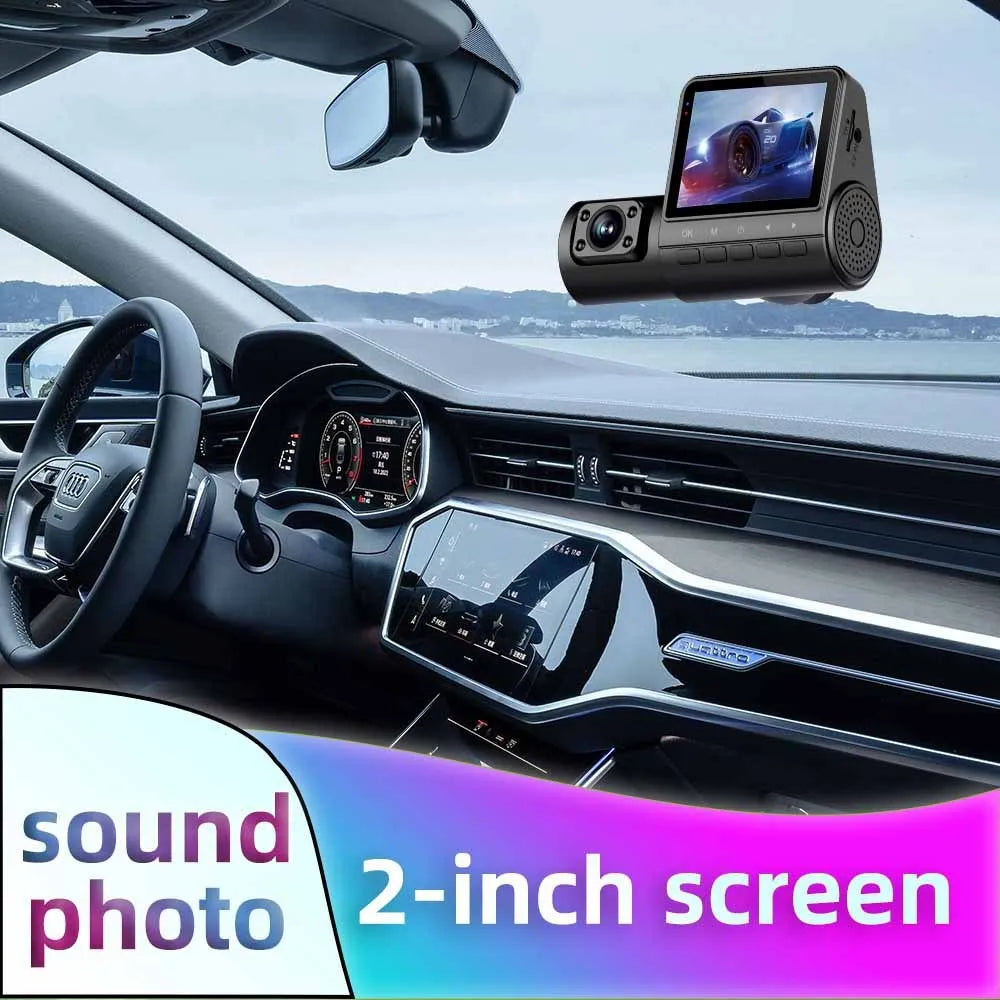 Black car recorder with 1080P HD recording, 170-degree wide-angle lens, and touch controls