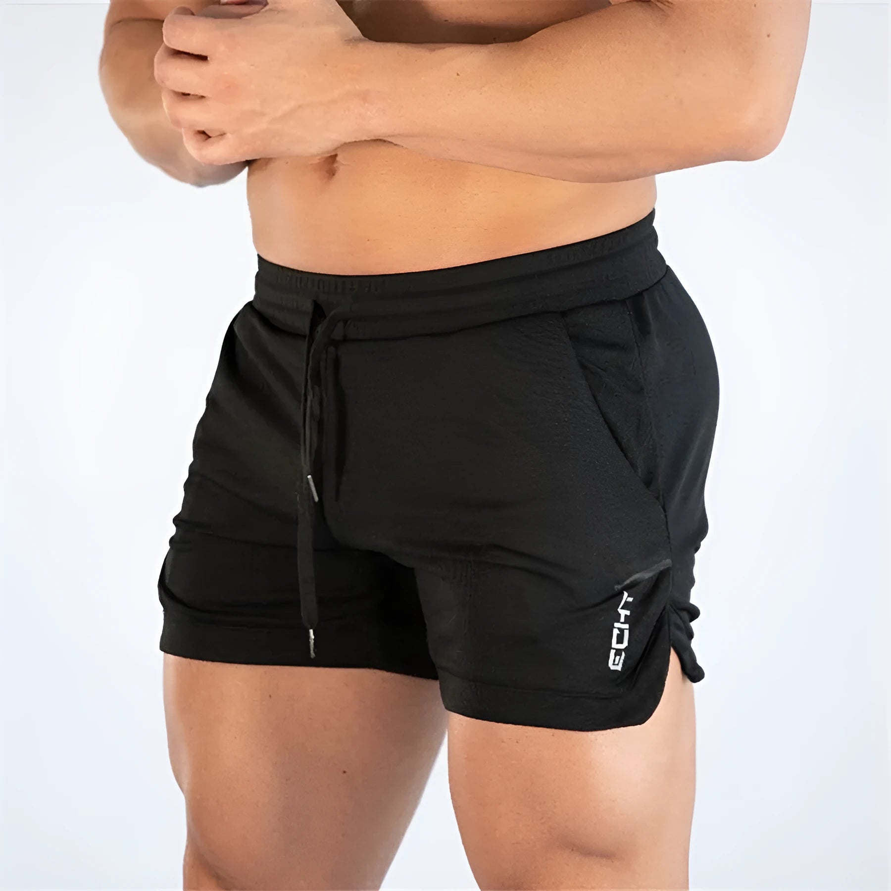 Men quick dry fitness bodybuilding shorts in black polyester blend side view