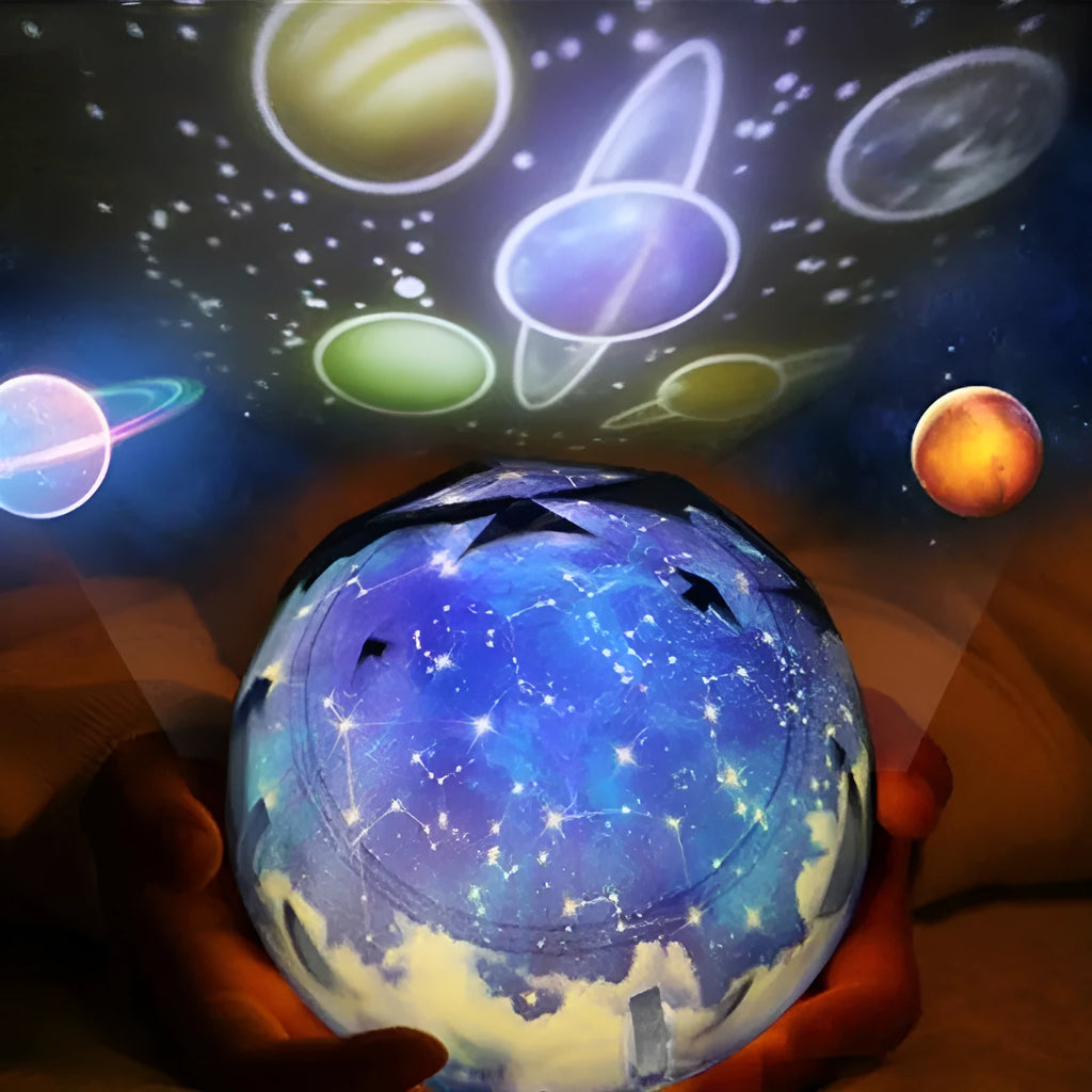 Galaxy projector lamp with diamond-shaped shell showing earth pattern on a table