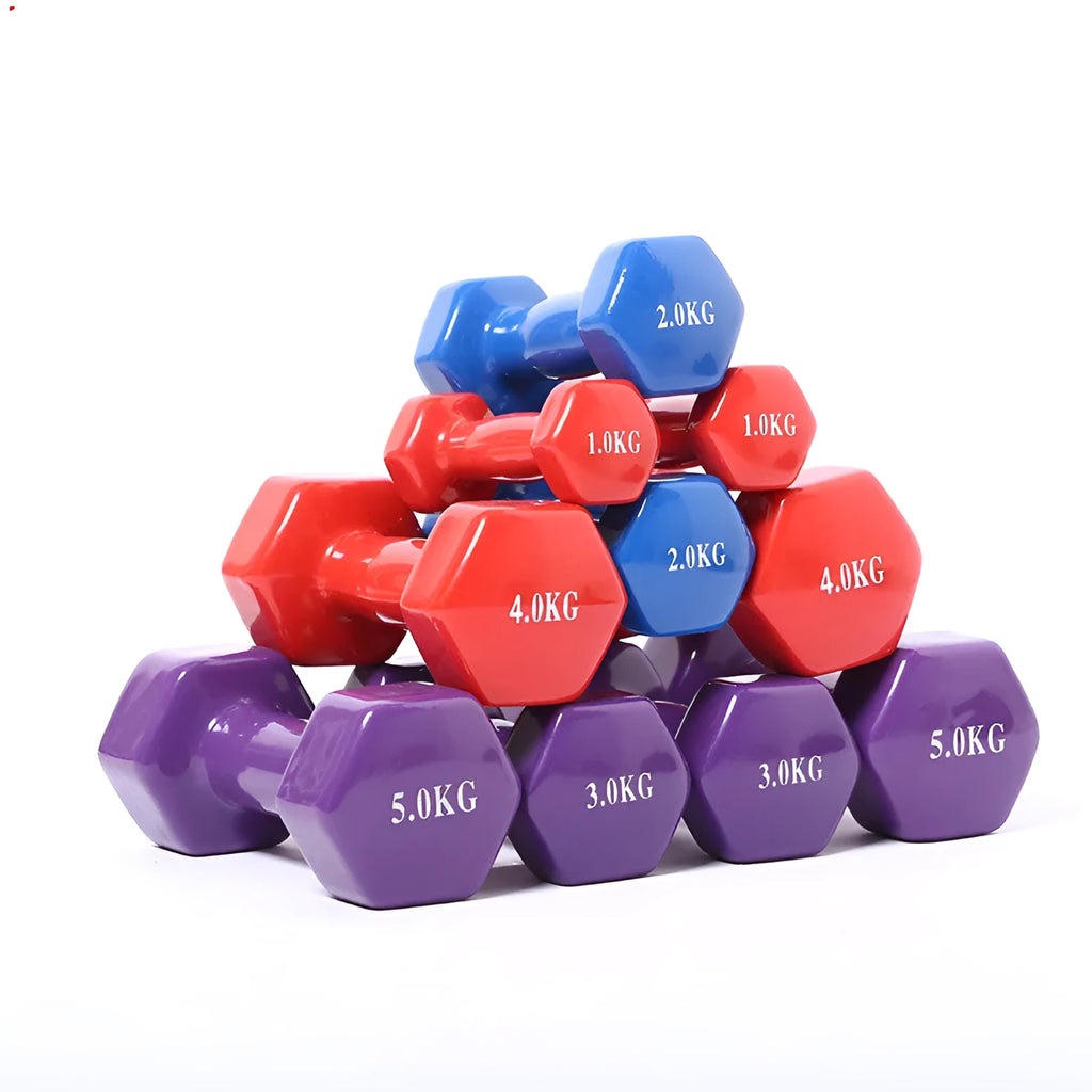 Bright plastic coated fitness dumbbells in various weights for home gym yoga and aerobics