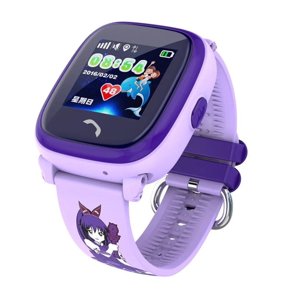 Blue children's waterproof smart watch with touch screen showing SOS call function