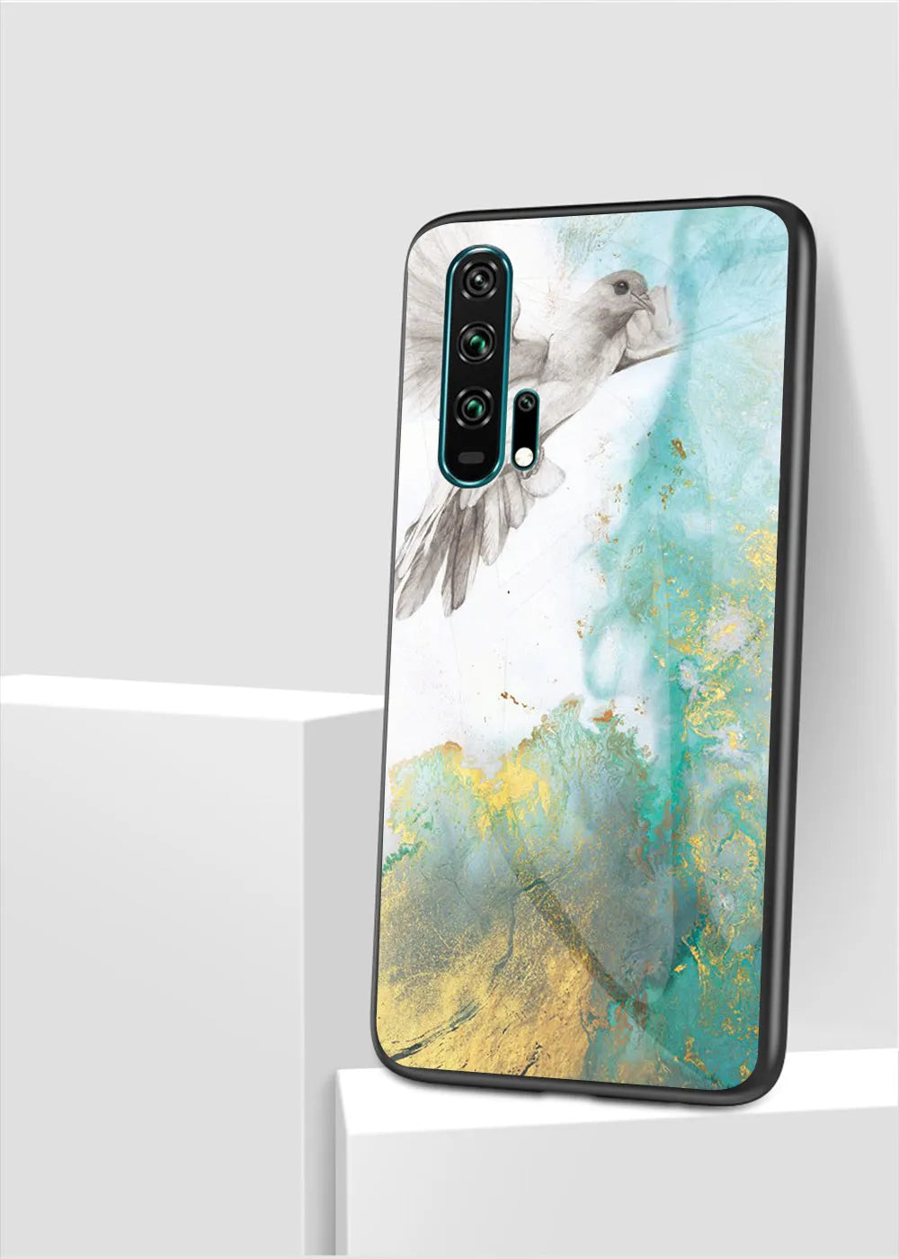 Honor 20 phone case with marble glass back and silicone bumper in multiple colours.