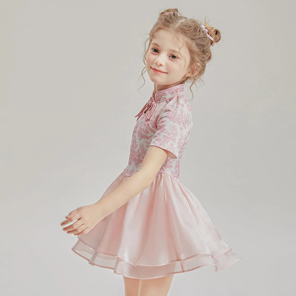 Casual patchwork two-piece swimsuit for children in polyester fibre, short sleeve top and briefs, sizes 110-170
