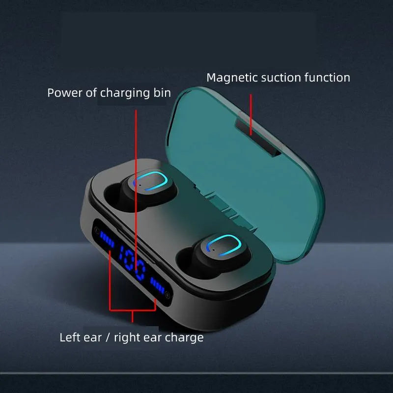Bluetooth mini headset with digital display in black and white colours with earplug style earbuds