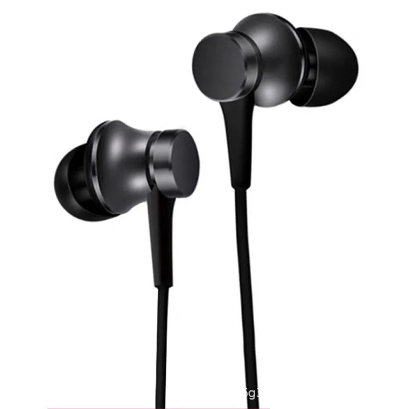 Piston style in-ear wired headphones with 3.5mm plug in black, blue, and red colour options.