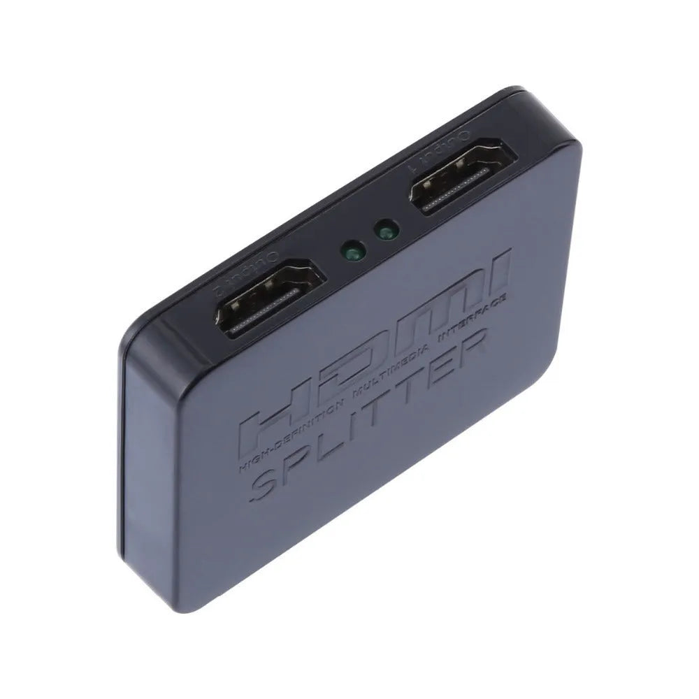 Mini HDMI splitter 1 input 2 output in black with HDMI ports and compact body for dual display sharing