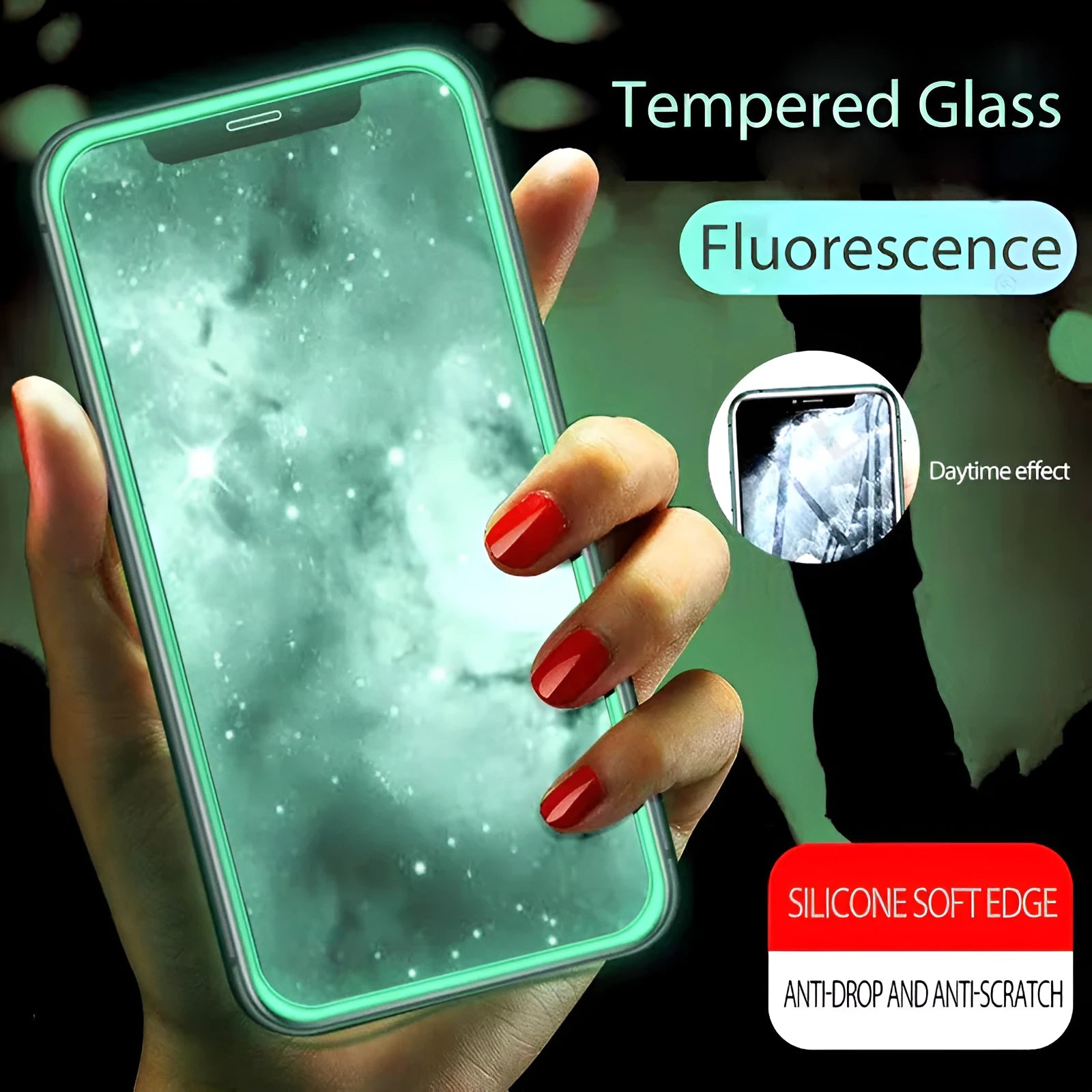 Luminous full cover tempered glass screen protector glowing for iPhone on a dark background.