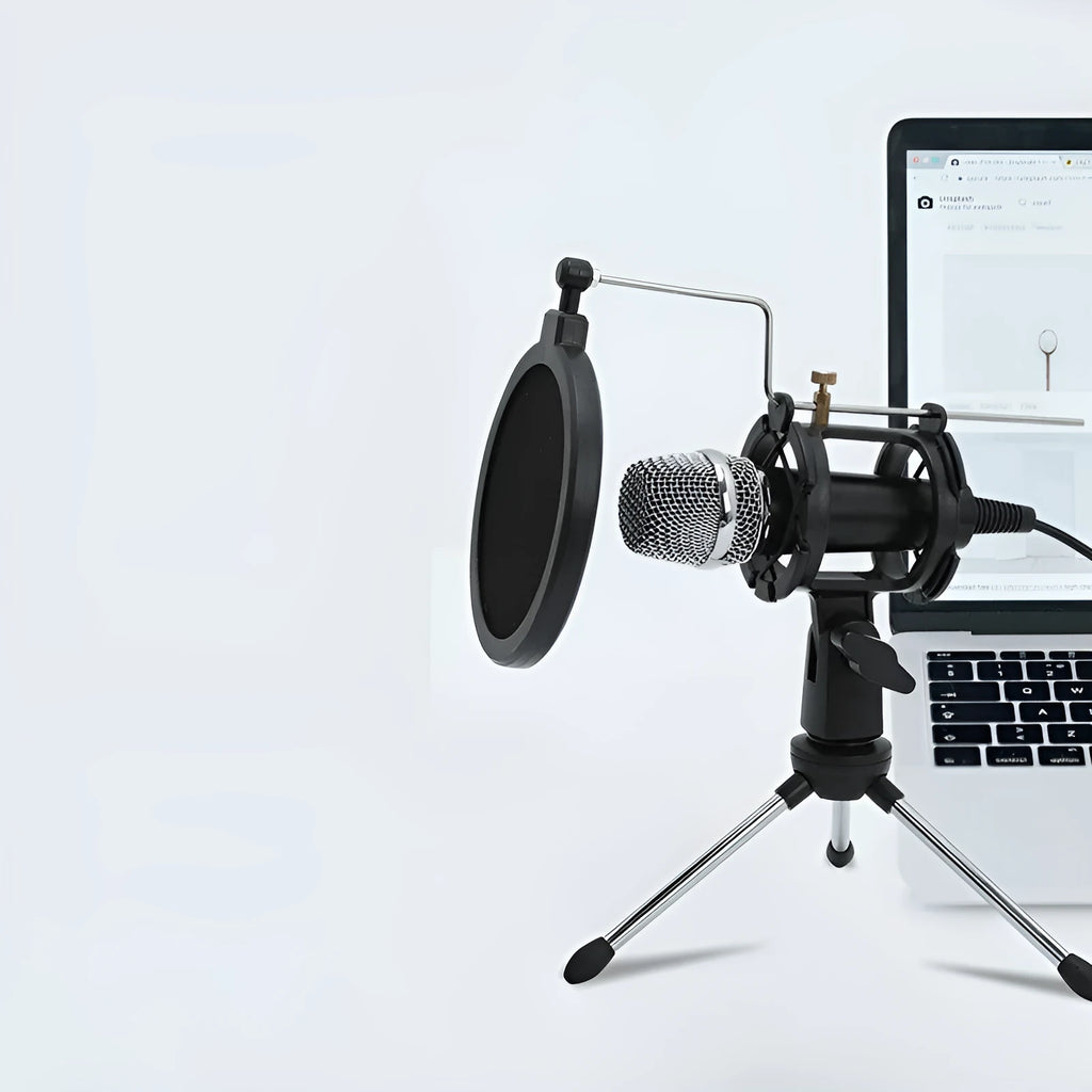 Black mini condenser microphone mounted on aluminium stand with 3.5mm and USB cables for live broadcasting
