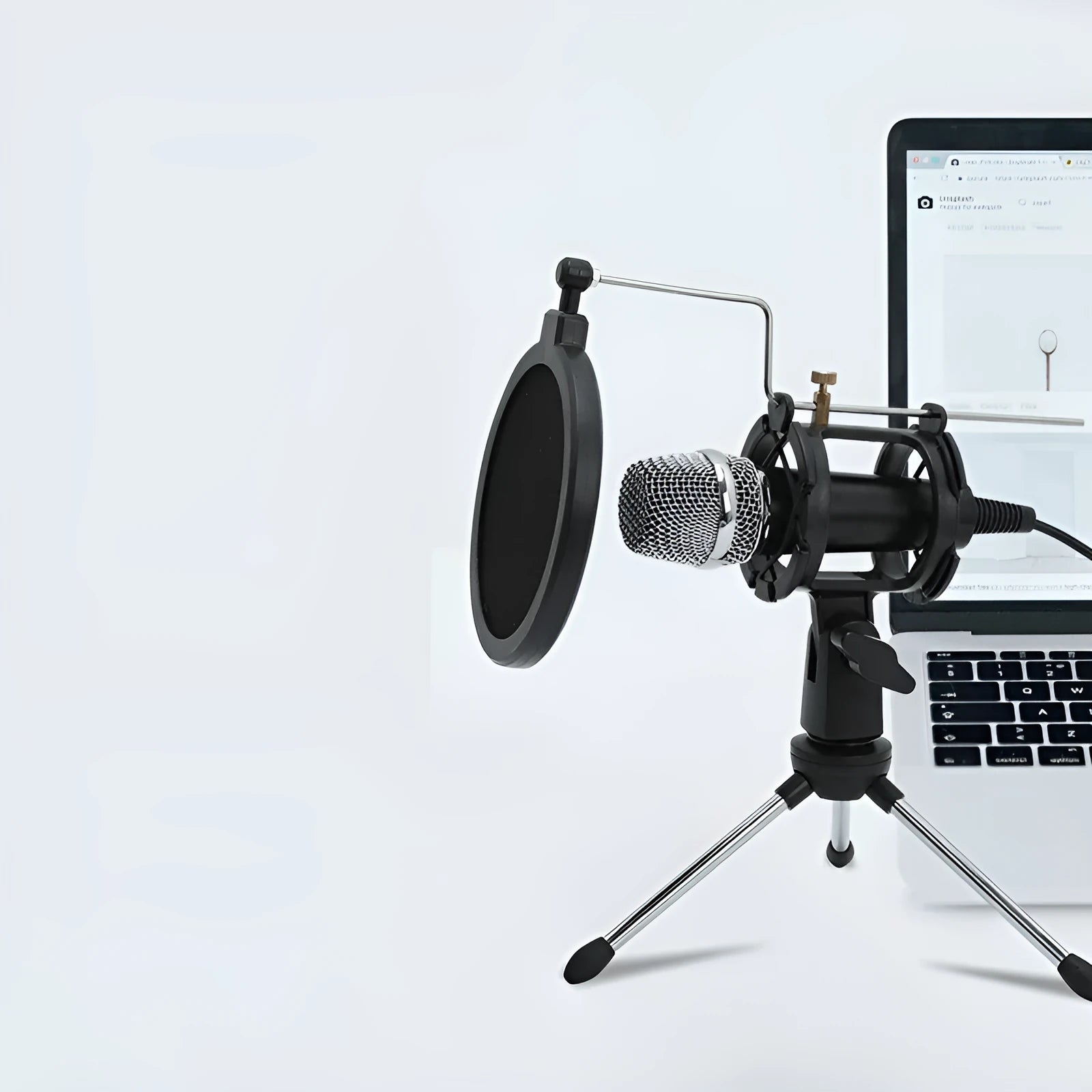 Black mini condenser microphone mounted on aluminium stand with 3.5mm and USB cables for live broadcasting