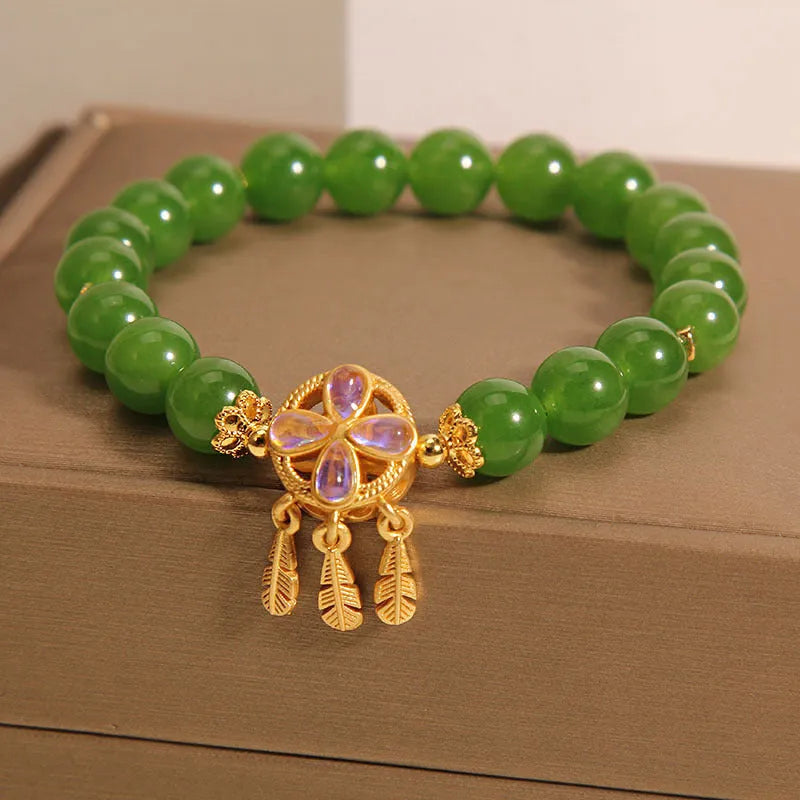 Green Jasper bracelet for women with crystal four-leaf clover dream catcher pendant