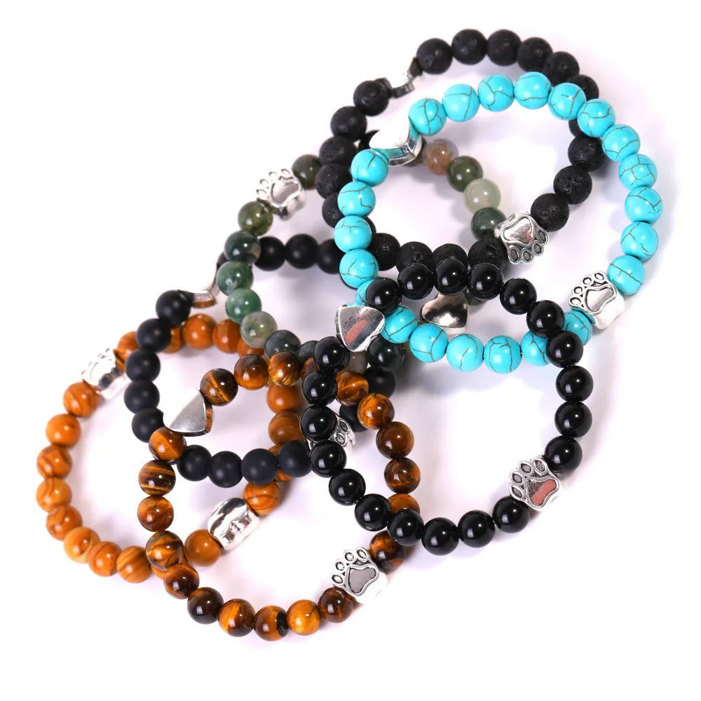 Tigereye Indian agate dog's paw bracelet with love heart charm and stone beads