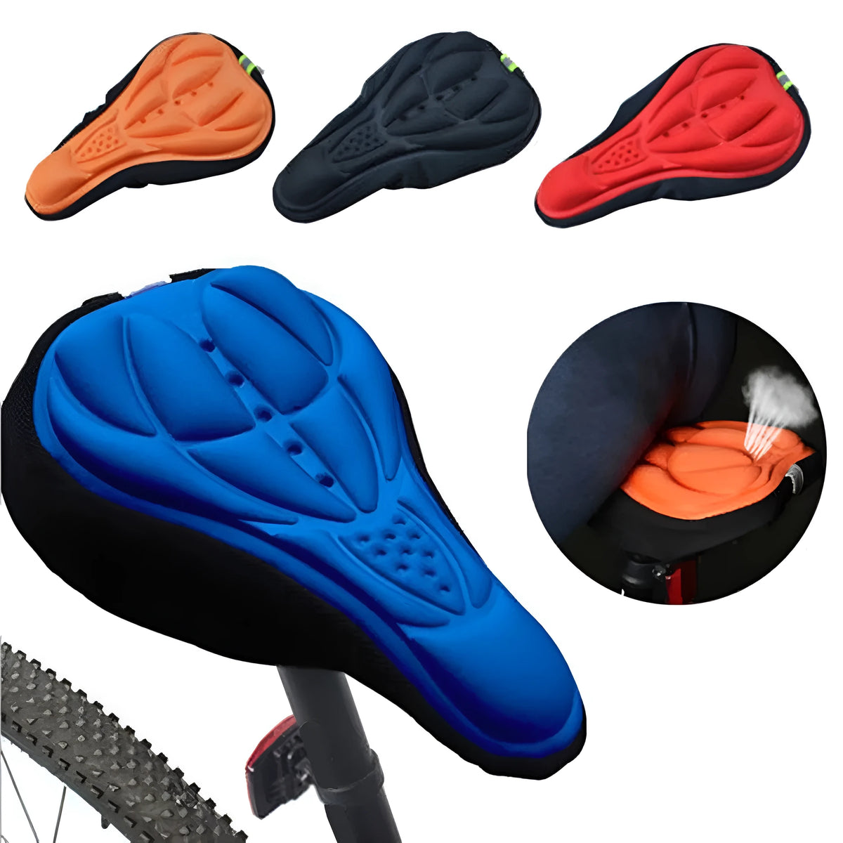 3D breathable bicycle seat cover with GEL silicone layer, 28cm x 17cm x 2cm, in black, red, blue or orange