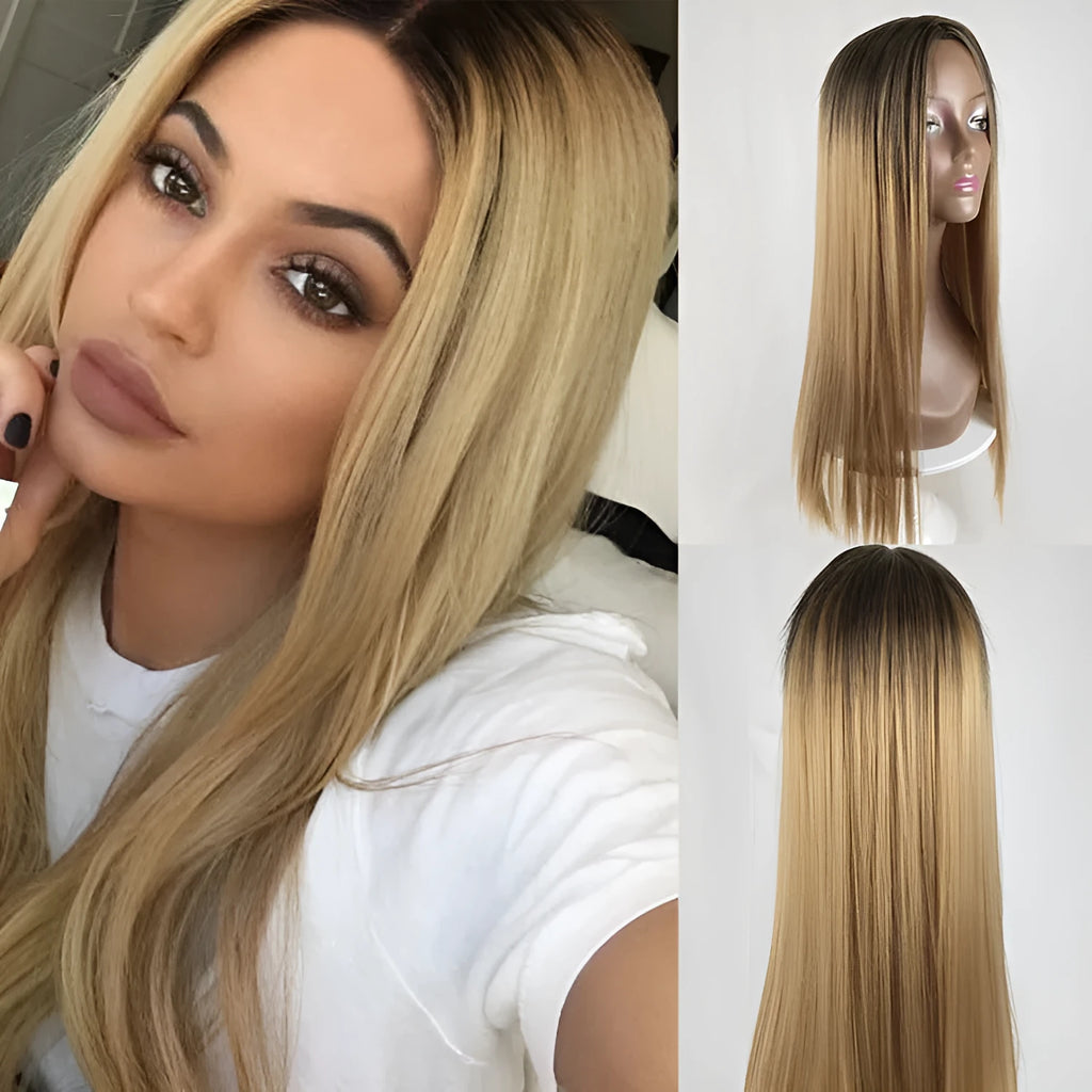 Long straight gradient fake hair wig with air bangs, high temperature silk, Korean style for women, gradient light pink colour