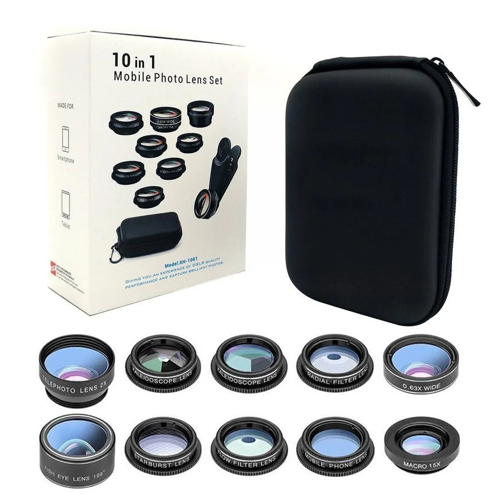 Black 10-in-1 mobile phone lens set with fisheye lens and aluminum-magnesium alloy housing