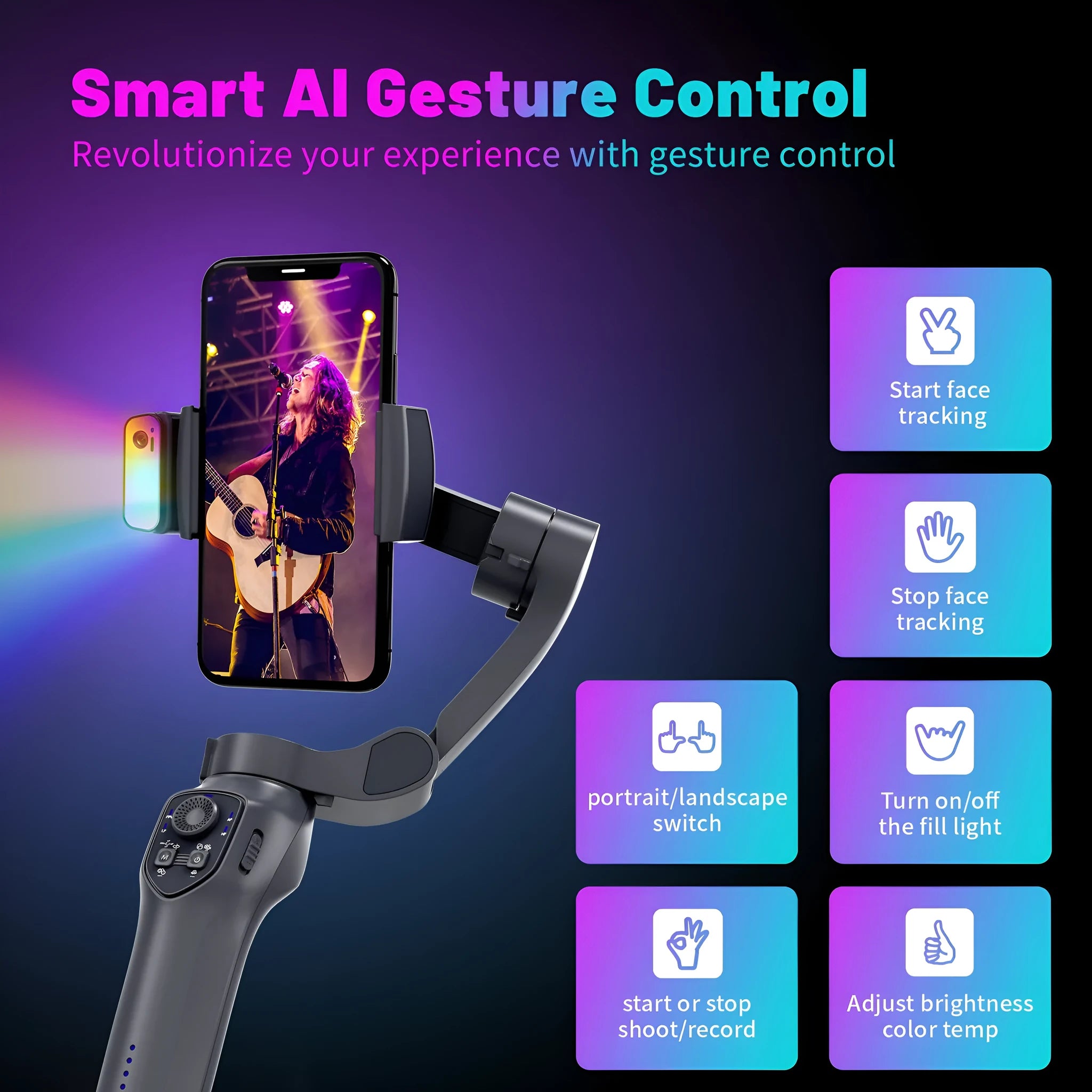 Foldable RK series handheld tripod head stabiliser in gun metal colour with USB port.