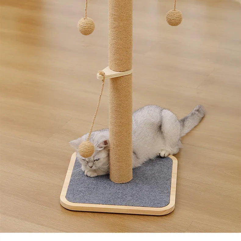 Windmill-shaped cat climbing frame with a hanging ball, made from pine wood and covered in carpet leather.