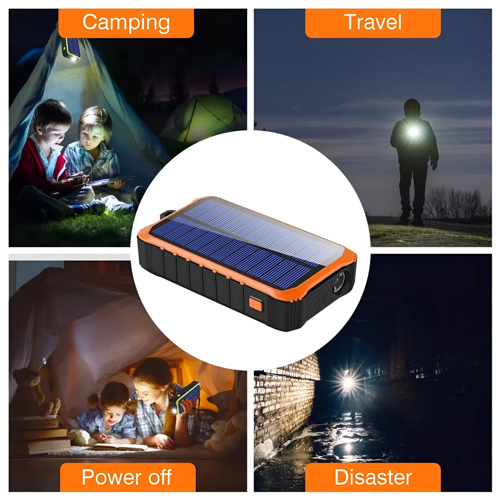 Orange hand solar mobile power bank showing USB ports, solar panel, and hand charging mechanism
