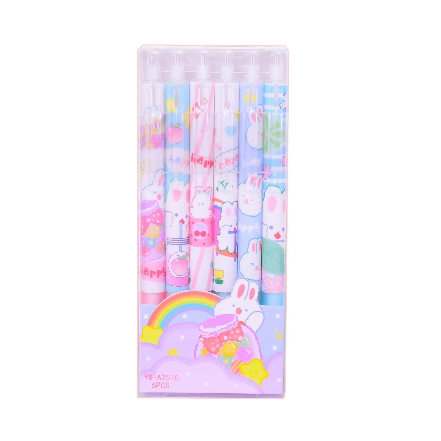 Six cartoon bunny student stationery pens with 0.5mm black signature tips in neutral colours