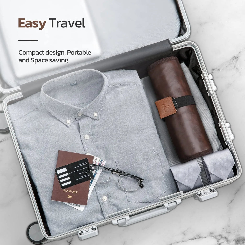 Men's black PU travel wash bag with portable reel design for toiletry organisation