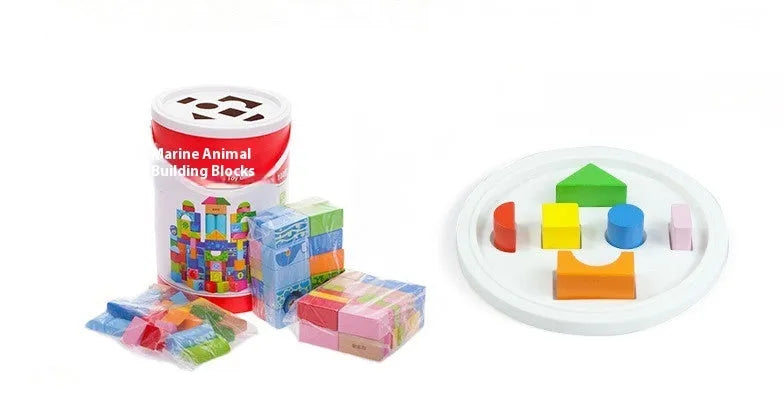 Ocean 100 puzzle blocks made of beech and maple wood in a paper tube with marine life designs