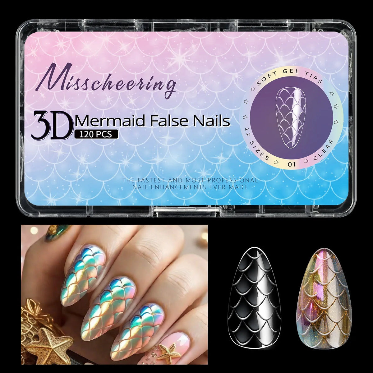 Pack of 3D scale texture long artificial nail tips with deep C-Cut, shown in Frigate Box colour options.
