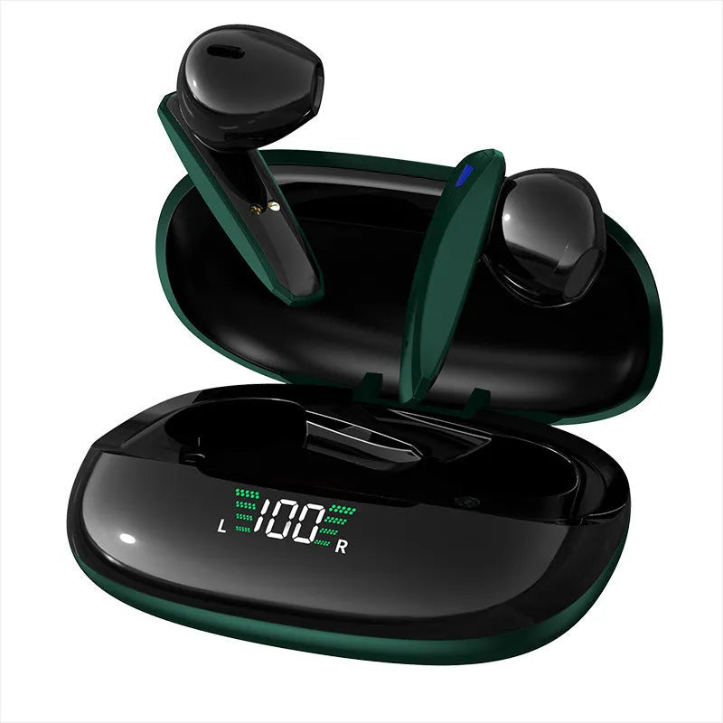 Y2 green wireless Bluetooth gaming earbuds with charging case and LED power display