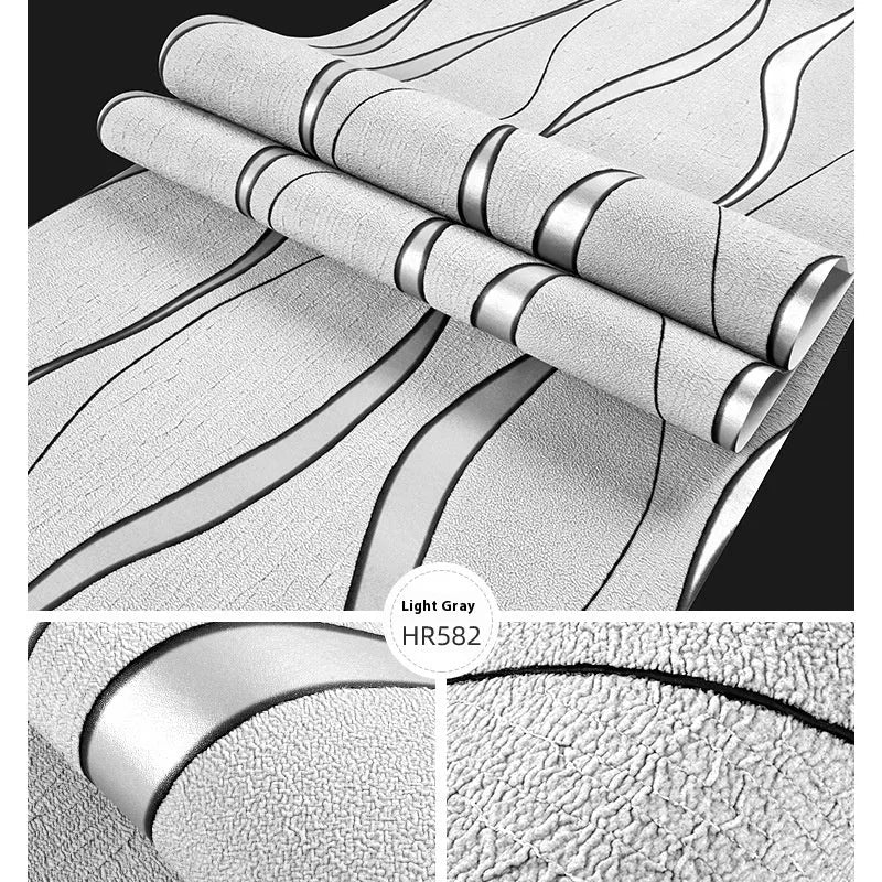 Roll of grey 3D curve stripe decorative wallpaper with velvet texture for video backdrops