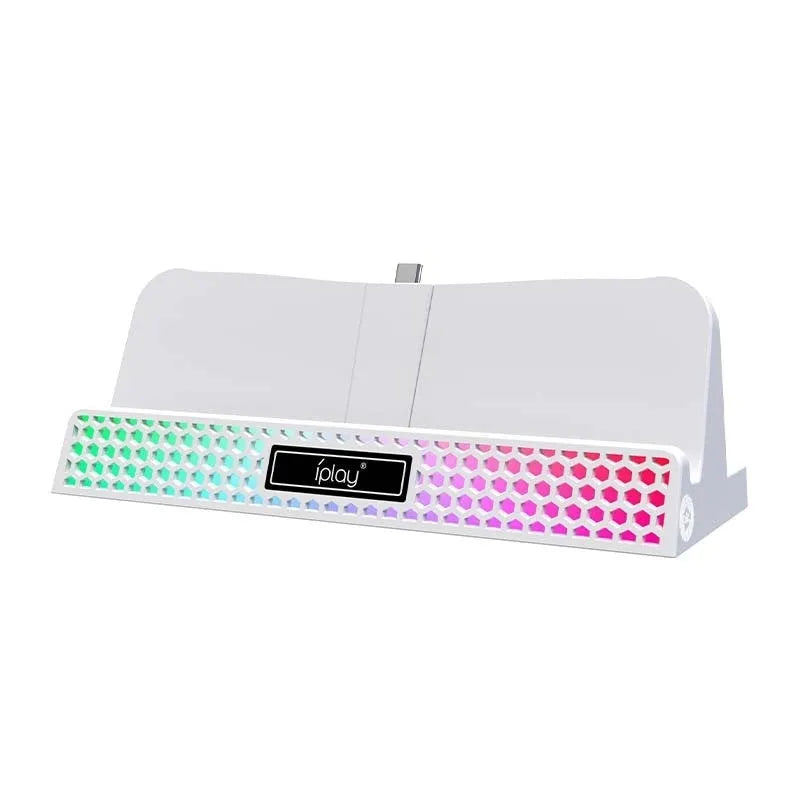 PS5 Portal charging base with RGB lamp, black, next to a PS5 Portal controller