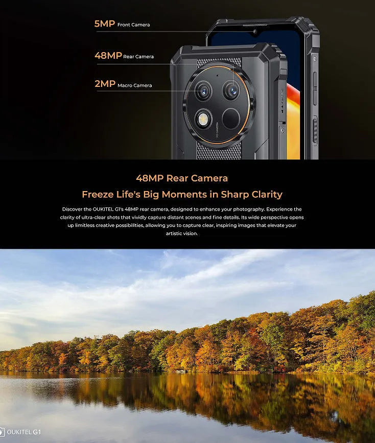 OUKITEL G1 mobile phone in grey, green and orange colour options with charger and manual