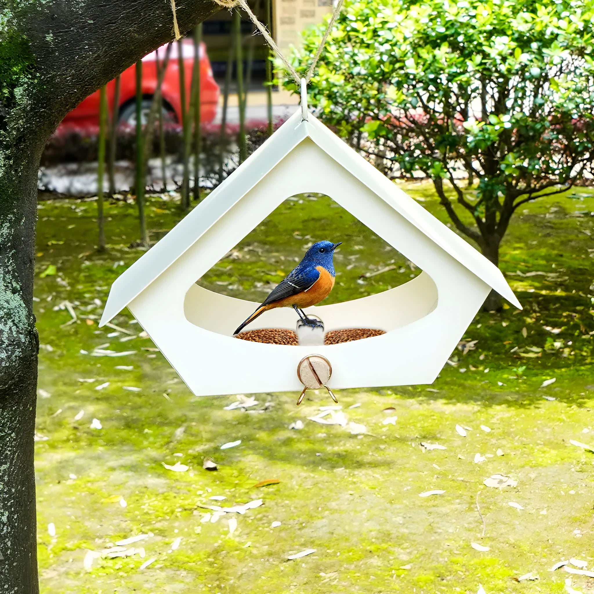 Modern simple iron bird house with anti-rain roof in garden setting