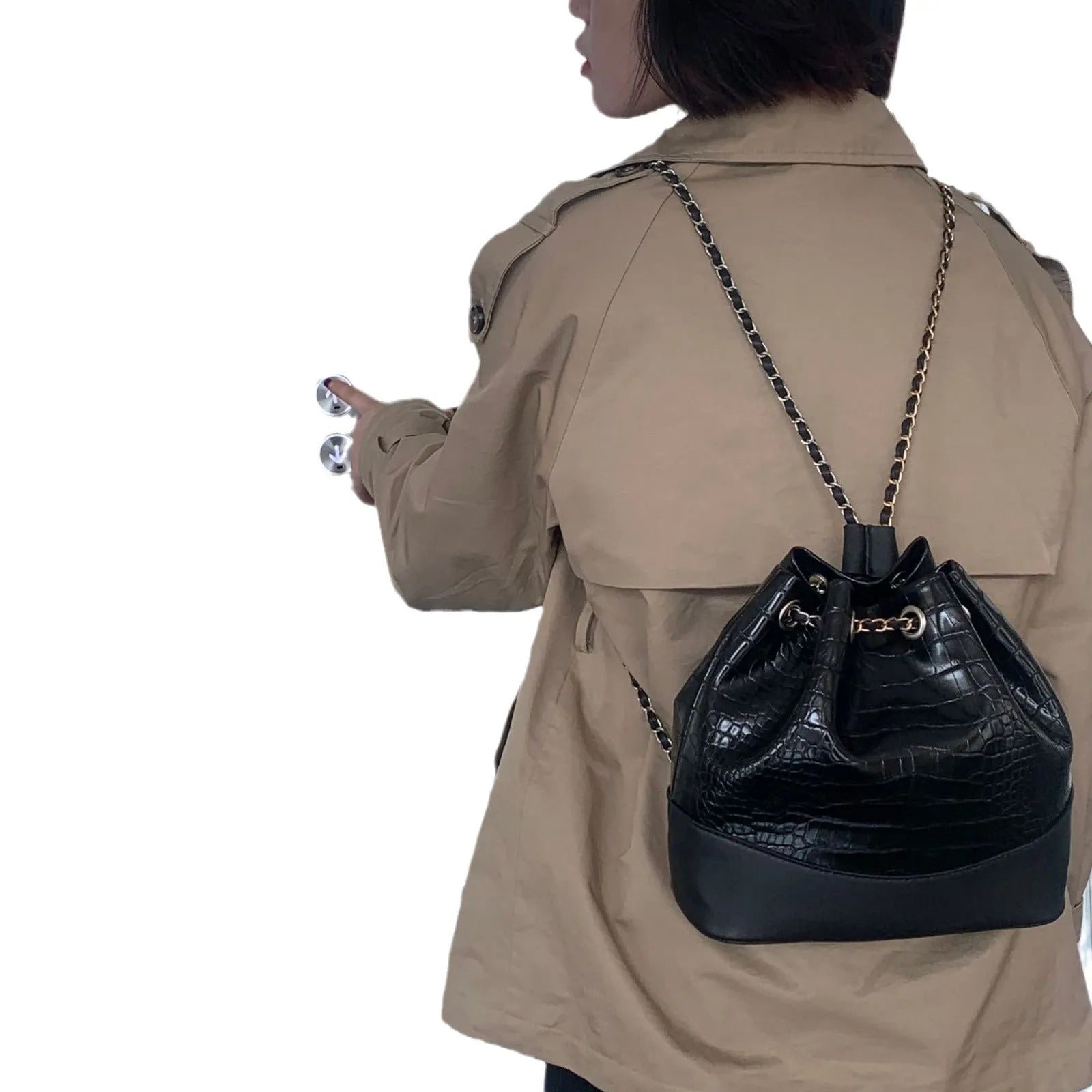 Women's black PU large capacity shoulder bag with chain detail, 22x29x10.5cm