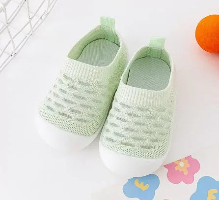 Baby soft sole non-slip walking shoes in fly woven cotton and natural rubber, available in multiple colours and sizes 11.5-15.5cm