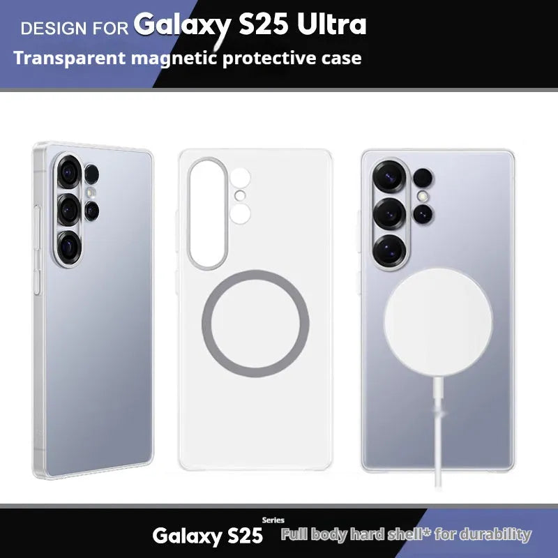 Transparent PC three-edge protective shell for Samsung S25 Ultra showing clear back and side reinforcement