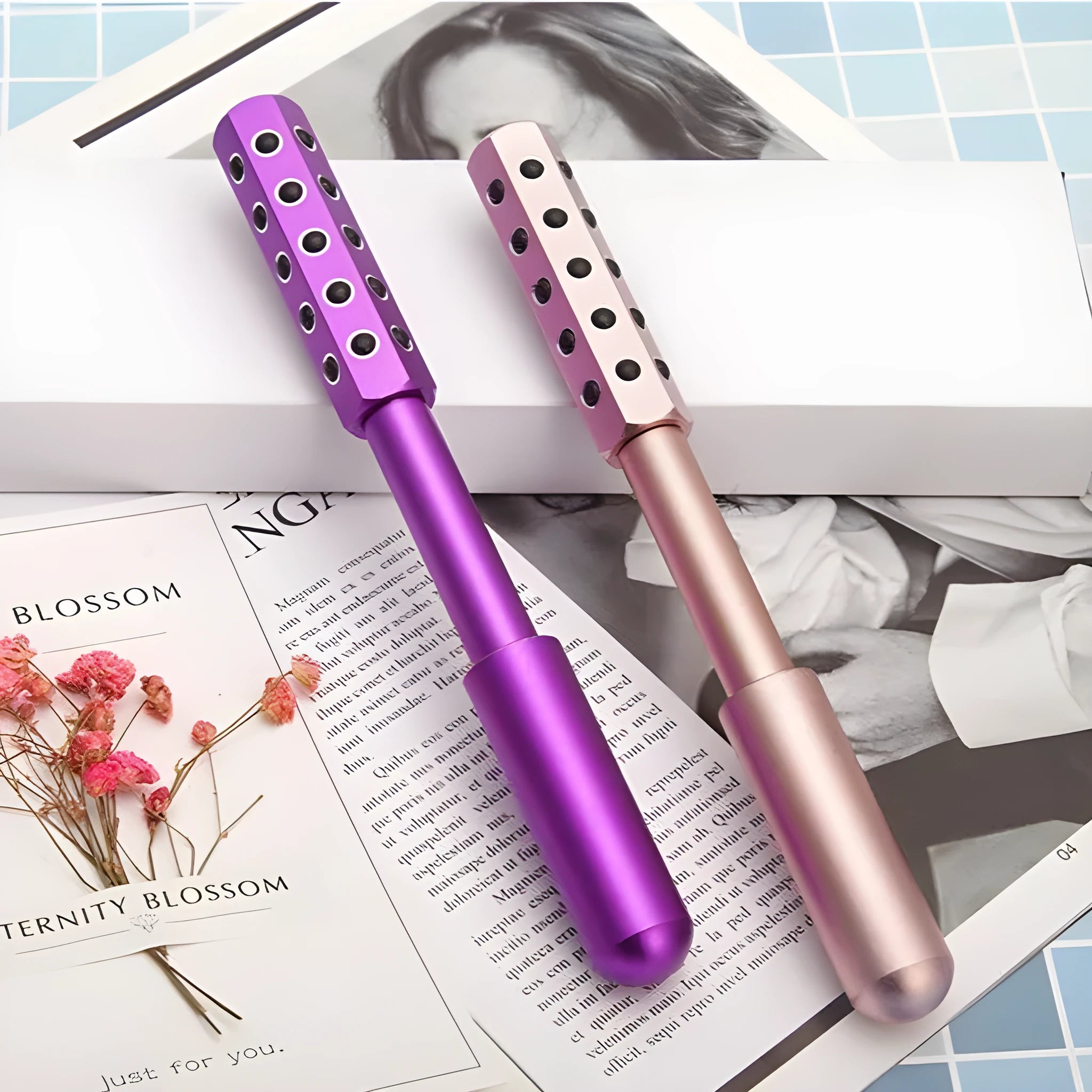 Germanium particles facial massage roller in purple colour, approximately 193mm long