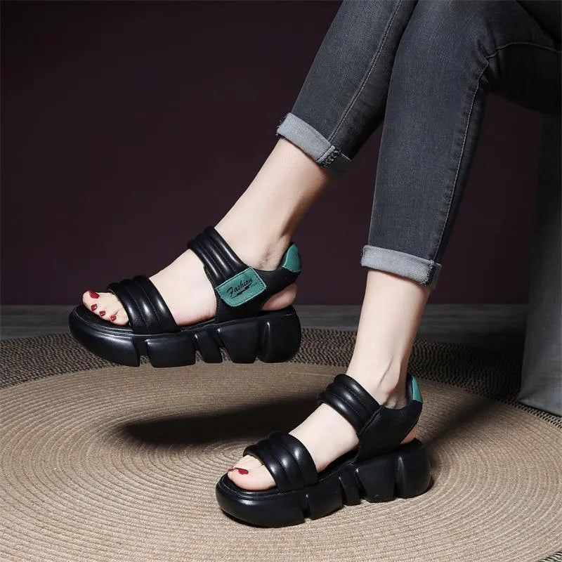 Open toe wedge sandals with non-slip rubber sole, microfiber upper, and Velcro strap in beige