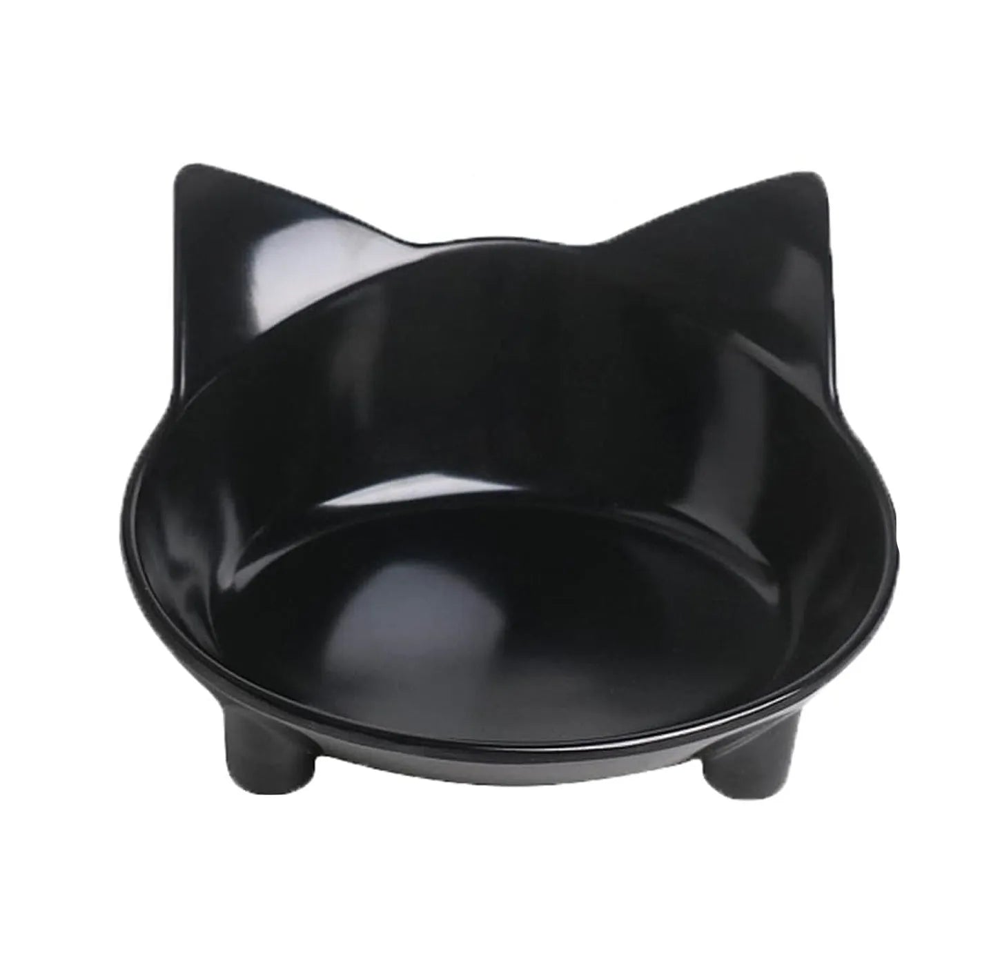 White shallow cat bowl with non-slip rubber base on a table.