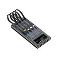 Black and white solar power bank with built-in cable showing 20000mAh capacity and dimensions.
