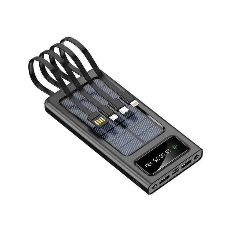Black and white solar power bank with built-in cable showing 20000mAh capacity and dimensions.