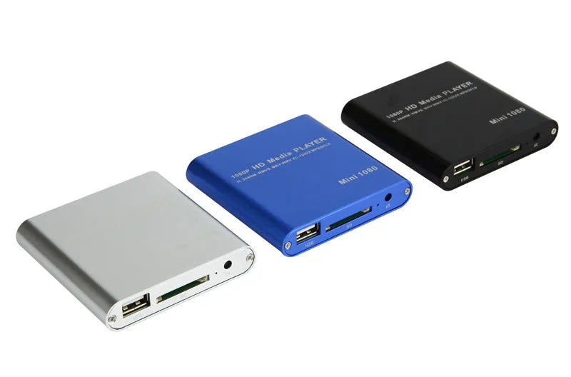 1080P Full HD media player in black or blue with HDMI port, SD card slot, and USB inputs