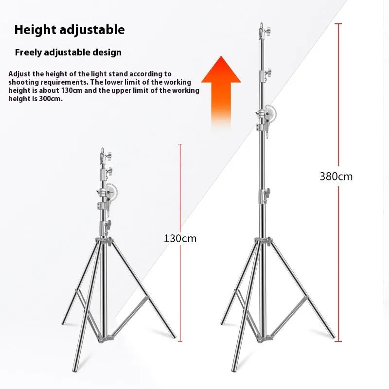 Stainless steel ceiling lamp rack extended to maximum 380cm height with cross arm for photography lighting