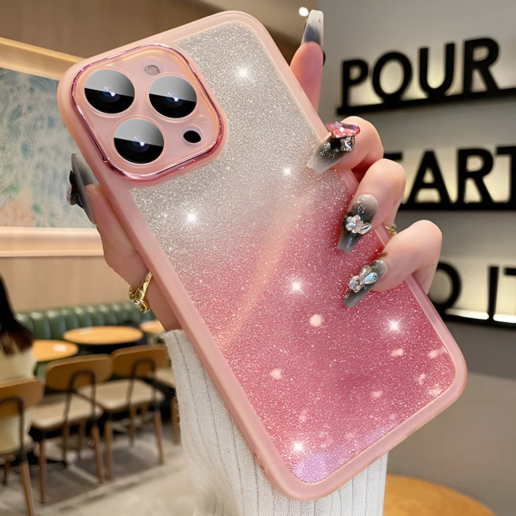 Ultra-thin transparent glitter iPhone case with gradient colour options and TPU construction