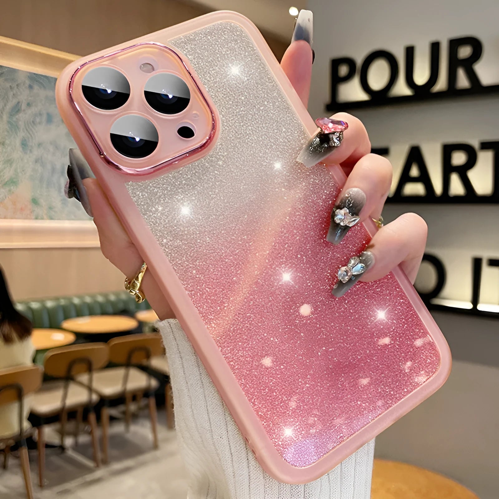 Ultra-thin transparent glitter iPhone case with gradient colour options and TPU construction