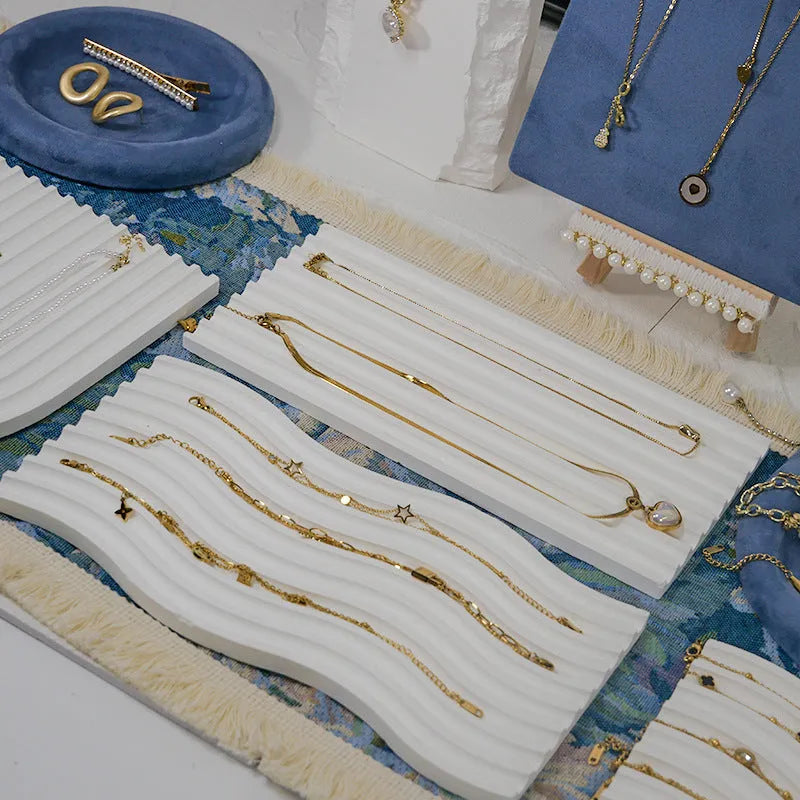 Handmade gypsum jewellery display tray for necklaces and bracelets, all-in-one counter stand in a choice of eleven colours