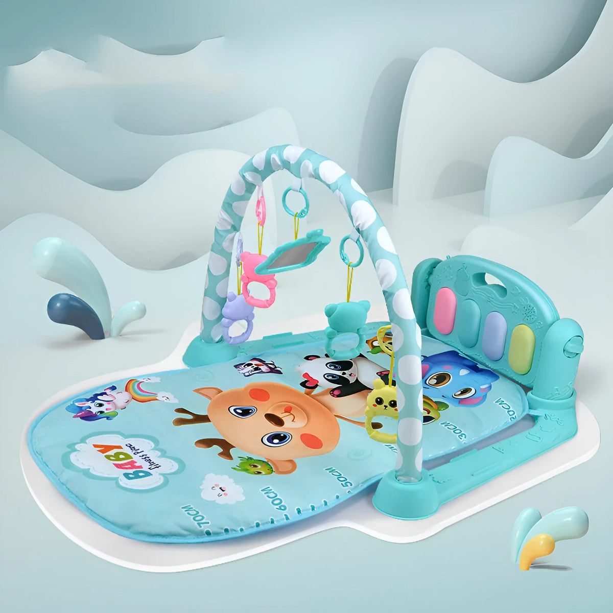 Baby fitness frame with pedal piano toy in blue marine animals design for infant development