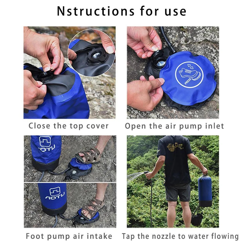 Blue portable outdoor shower bag with 11L capacity, foot pump, and 200cm hose