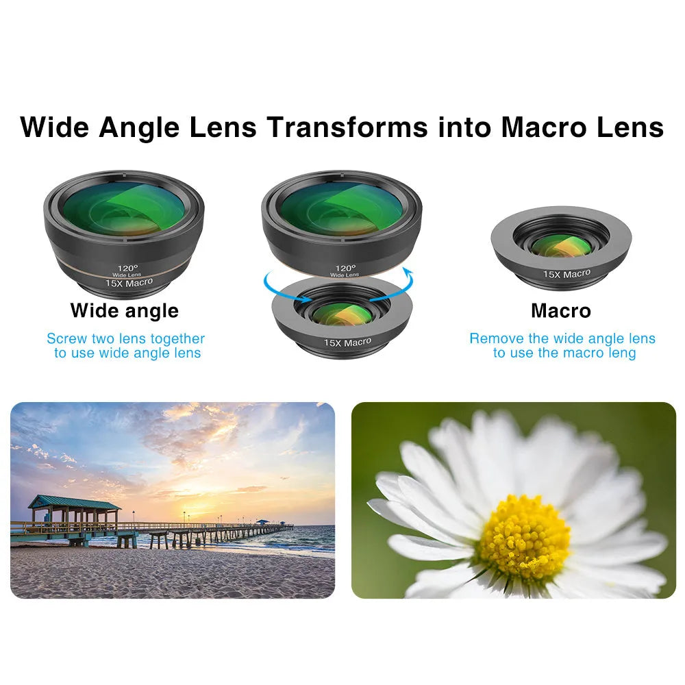 Black aluminium 6-in-1 smartphone lens kit with fisheye, wide-angle, macro, telephoto, CPL and star filter lenses on a universal clip.