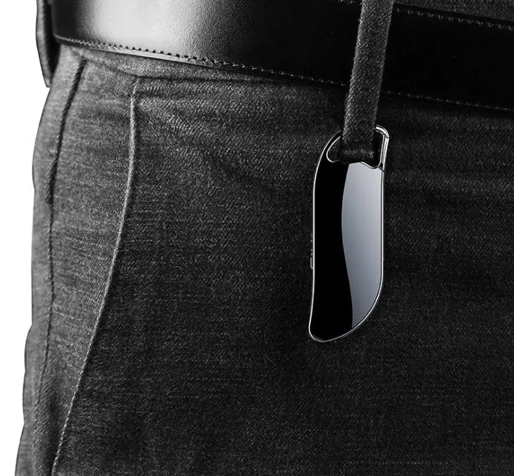 Metal keychain digital voice recorder in black on plain background showing USB port and controls